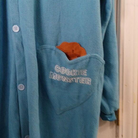 Cookie Monster oversized full button front hooded onsie pajamas costume Sz S EUC - Picture 4 of 8